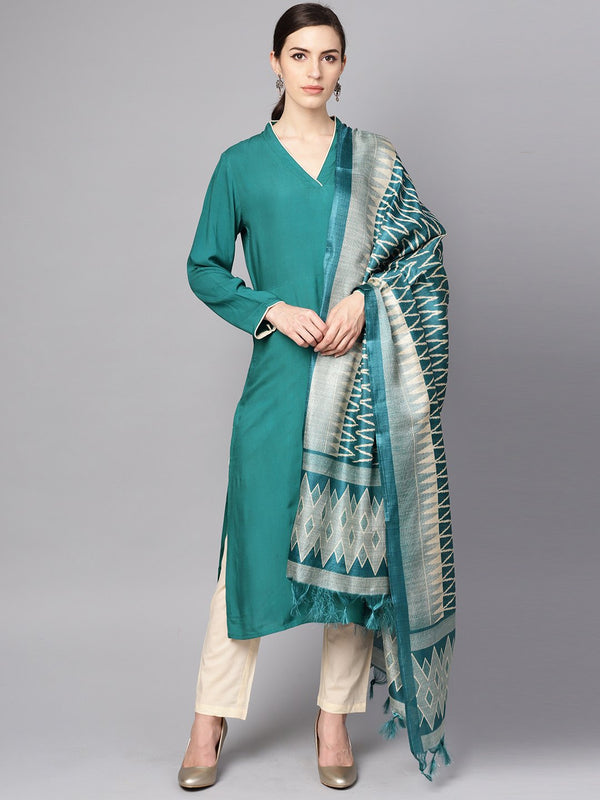 Teal blue 3/4th sleeve cotton kurta with Beige palazzo and printed dupatta | NOZ2TOZ - Made In INDIA.