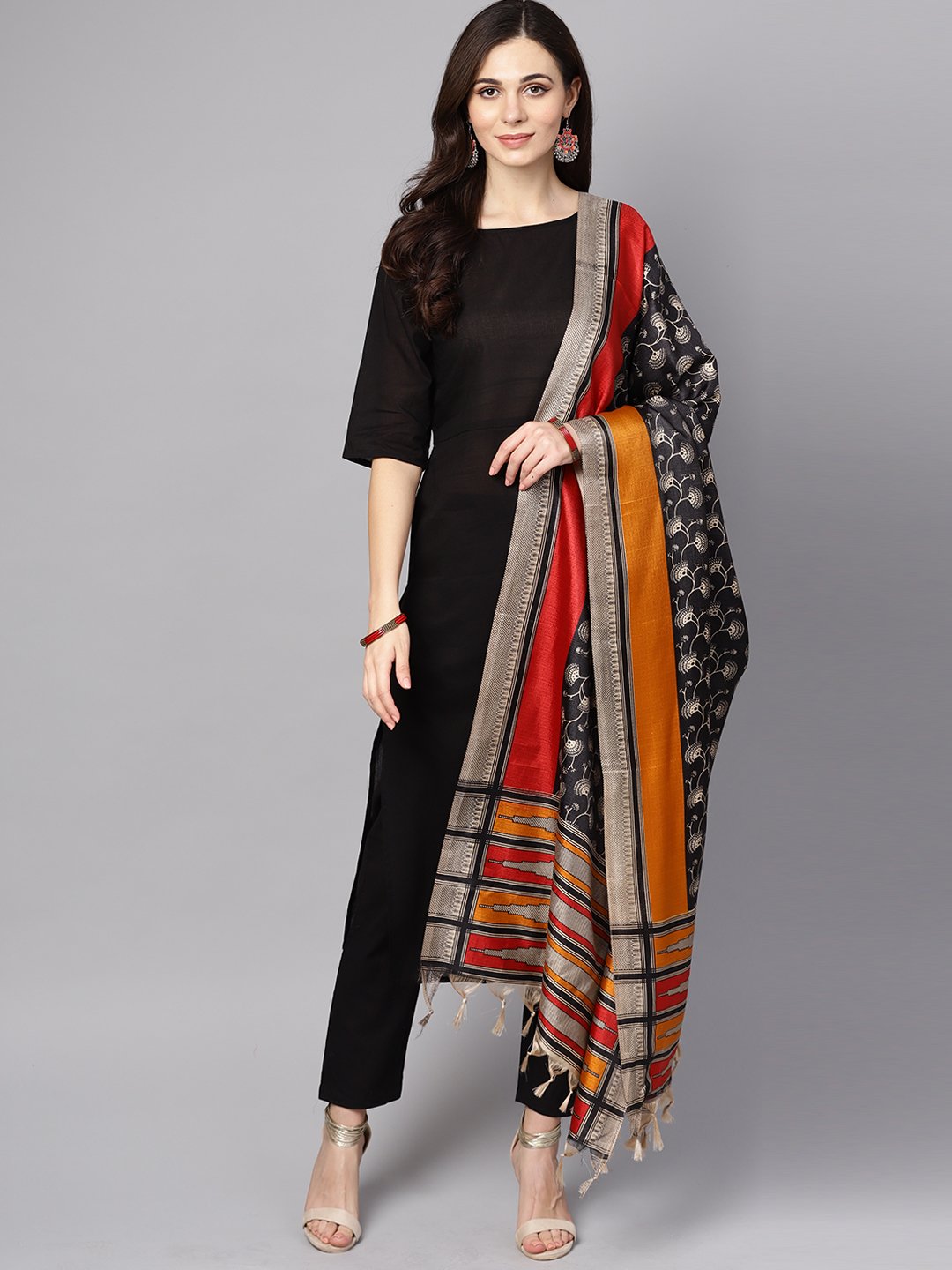 Black 3/4th sleeve cotton kurta with Palazzo and printed dupatta | NOZ2TOZ - Made In INDIA.