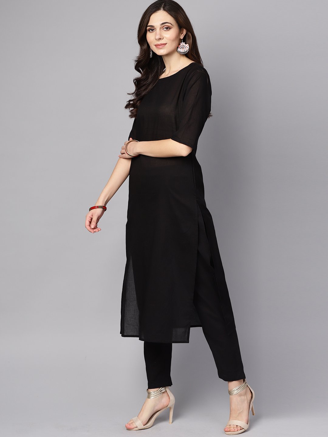 Black 3/4th sleeve cotton kurta with Palazzo and printed dupatta | NOZ2TOZ - Made In INDIA.