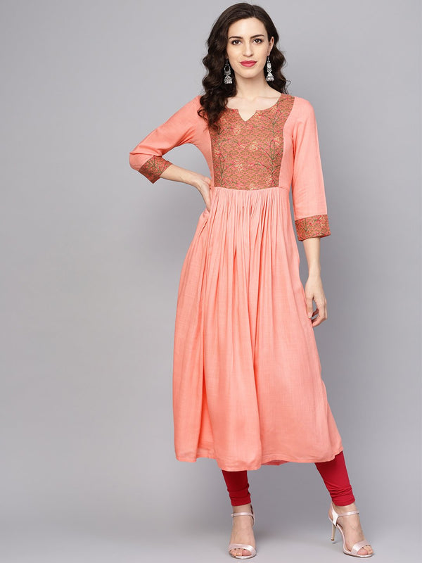 Solid peach 3/4th sleeve rayon maxi dress | NOZ2TOZ - Made In INDIA.