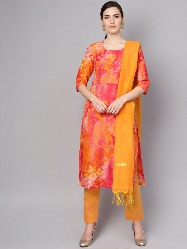 Red printed half sleeve cotton kurta with yellow palazzo & dupatta | NOZ2TOZ - Made In INDIA.