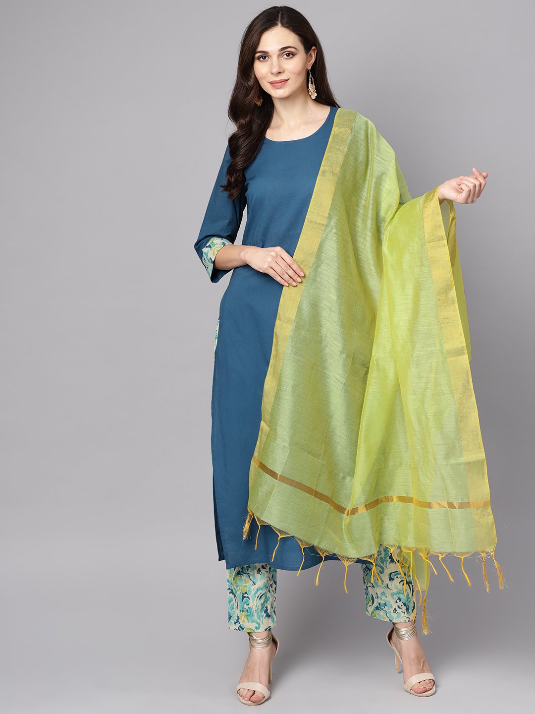 Blue printed 3/4th sleeve cotton kurta with printed palazzo and dupatta | NOZ2TOZ - Made In INDIA.