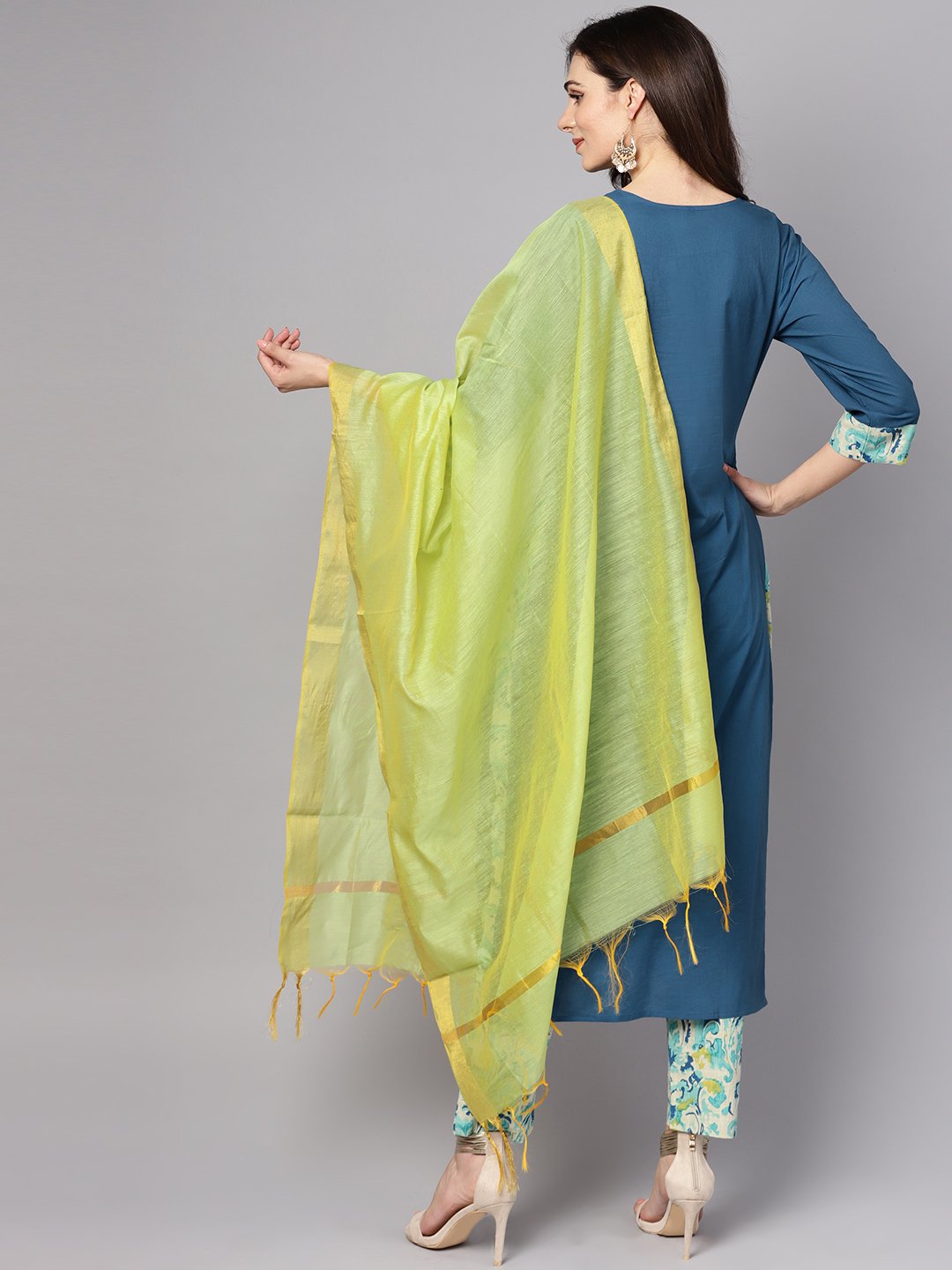 Blue printed 3/4th sleeve cotton kurta with printed palazzo and dupatta | NOZ2TOZ - Made In INDIA.