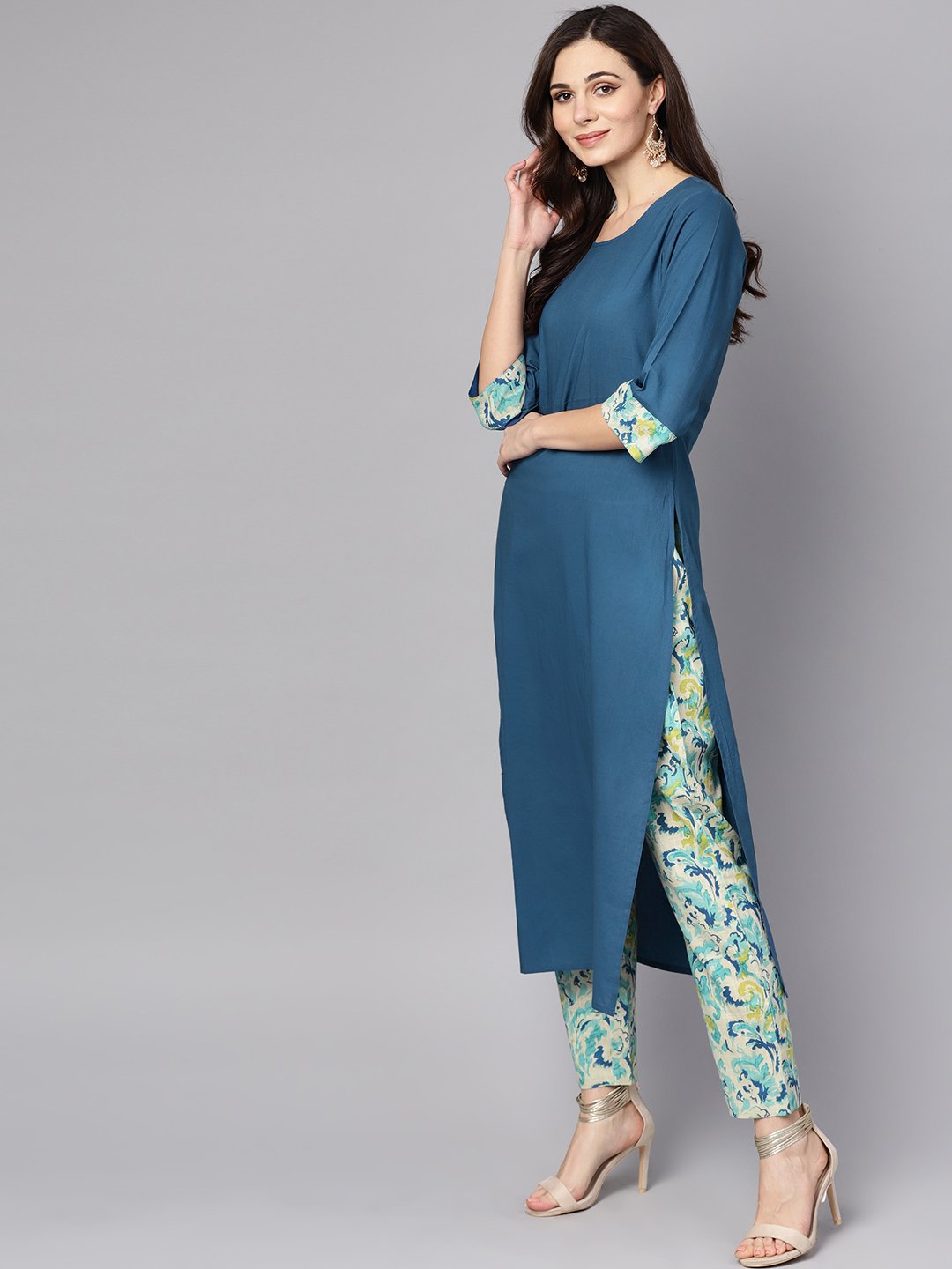 Blue printed 3/4th sleeve cotton kurta with printed palazzo and dupatta | NOZ2TOZ - Made In INDIA.