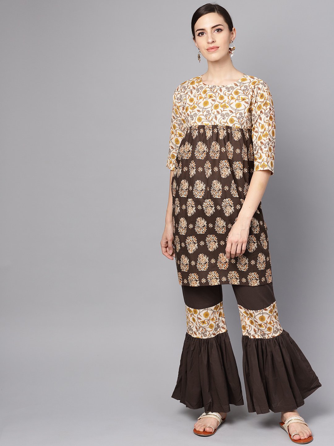 Black & Beige printed Kurti with printed sharara | NOZ2TOZ - Made In INDIA.