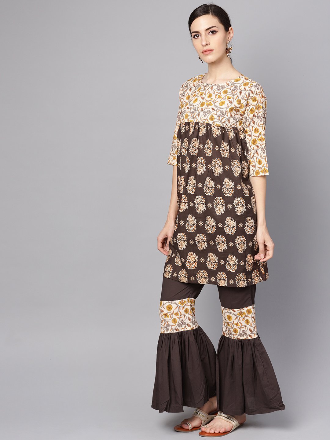 Black & Beige printed Kurti with printed sharara | NOZ2TOZ - Made In INDIA.