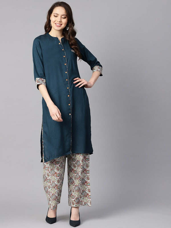 Solid Dark blue Rayon Straight Kurta with printed pocket and cotton printed palazzo | NOZ2TOZ - Made In INDIA.