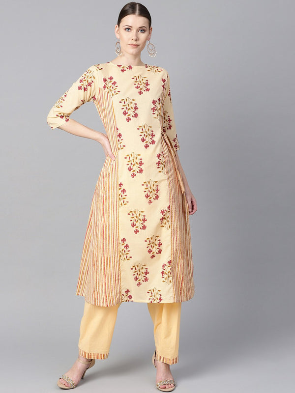 Floral Printed kurta with Striped panels with solid light beige Salwar | NOZ2TOZ - Made In INDIA.