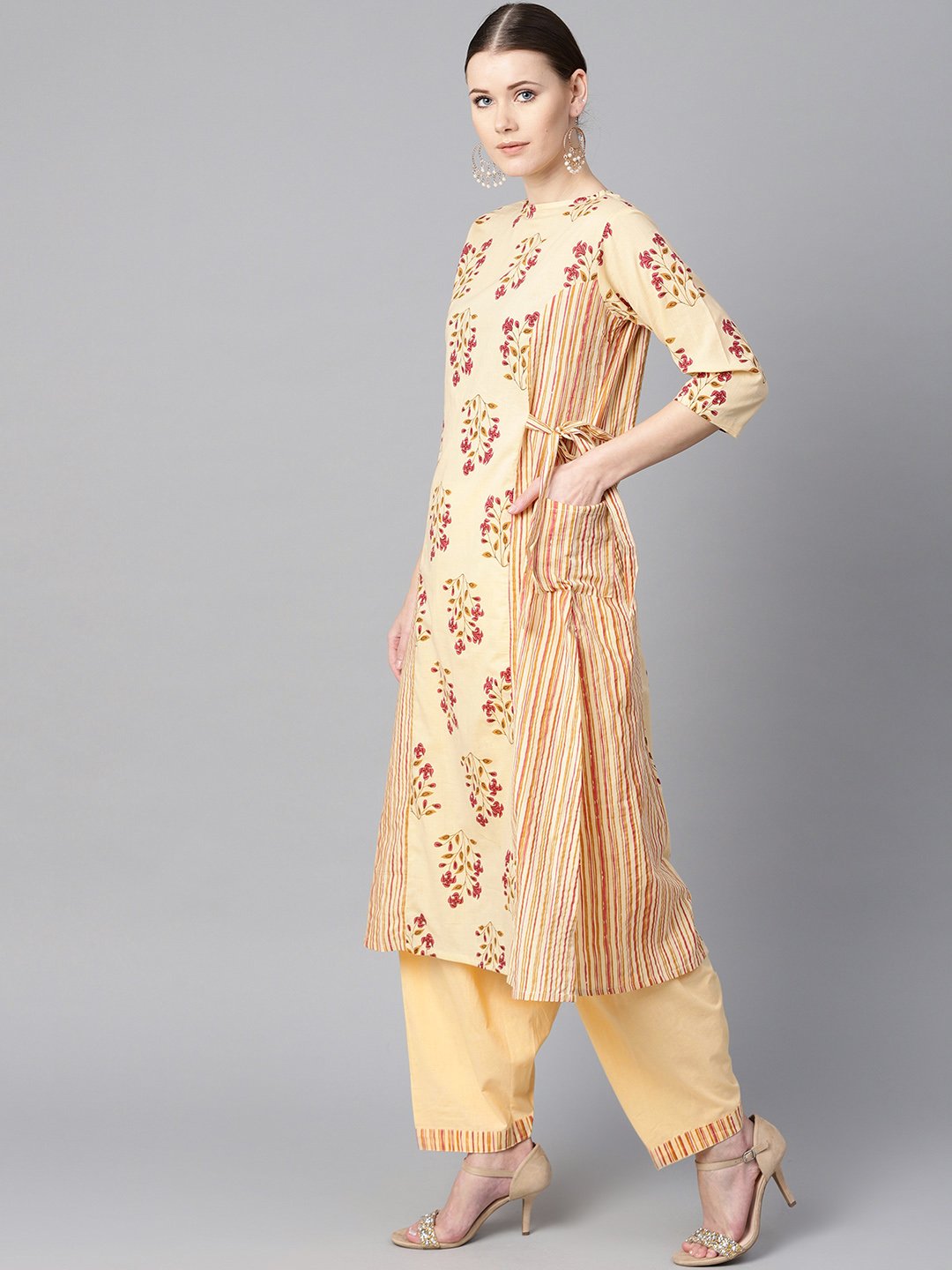 Floral Printed kurta with Striped panels with solid light beige Salwar | NOZ2TOZ - Made In INDIA.