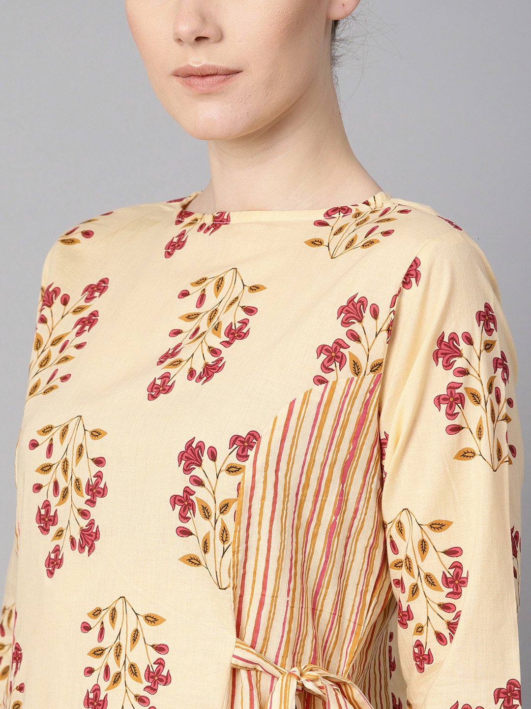 Floral Printed kurta with Striped panels with solid light beige Salwar | NOZ2TOZ - Made In INDIA.