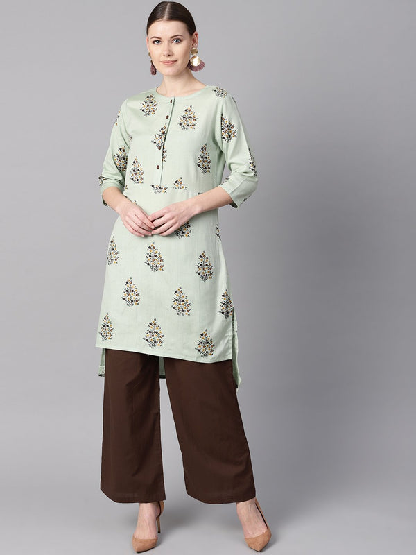 Floral printed assymetrical kurta with solid chocolate brown palazzo | NOZ2TOZ - Made In INDIA.