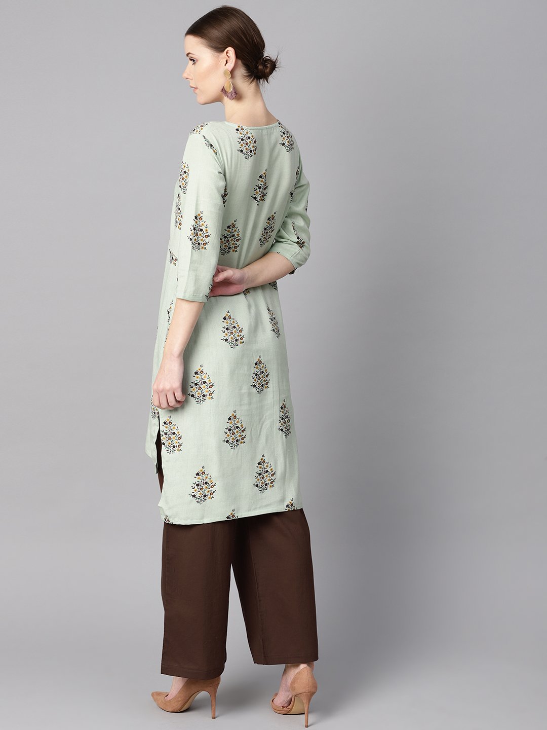 Floral printed assymetrical kurta with solid chocolate brown palazzo | NOZ2TOZ - Made In INDIA.