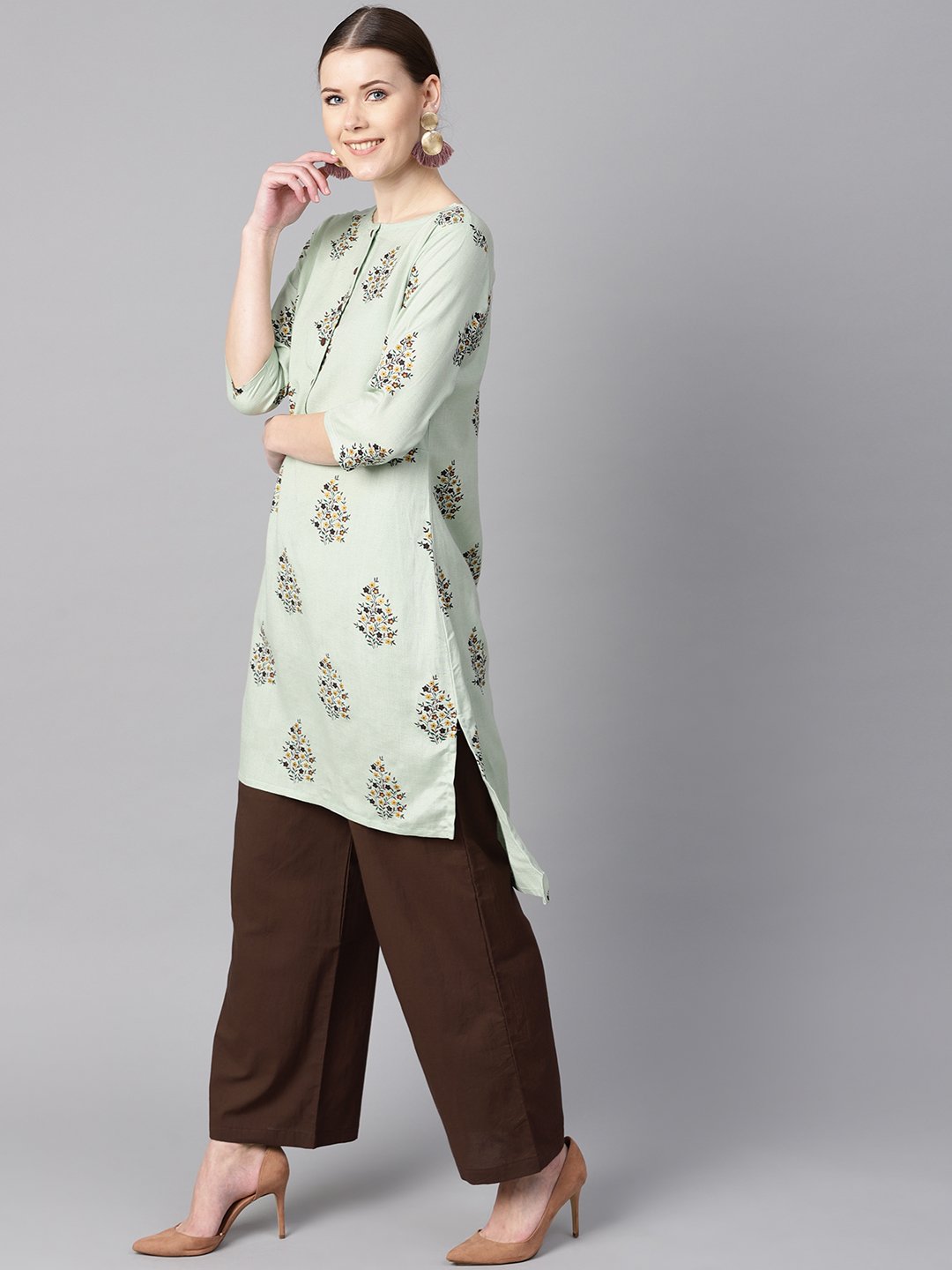 Floral printed assymetrical kurta with solid chocolate brown palazzo | NOZ2TOZ - Made In INDIA.