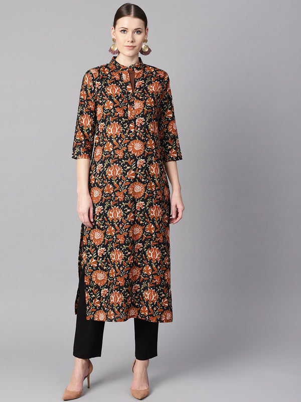 Floral Printed 3/4th sleeve a-line kurta with solid black pants | NOZ2TOZ - Made In INDIA.