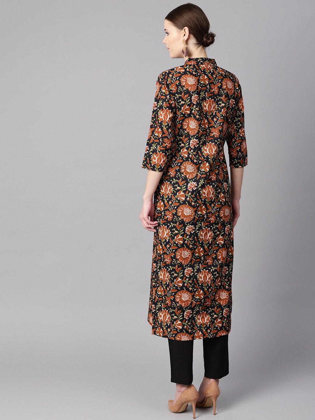 Floral Printed 3/4th sleeve a-line kurta with solid black pants | NOZ2TOZ - Made In INDIA.