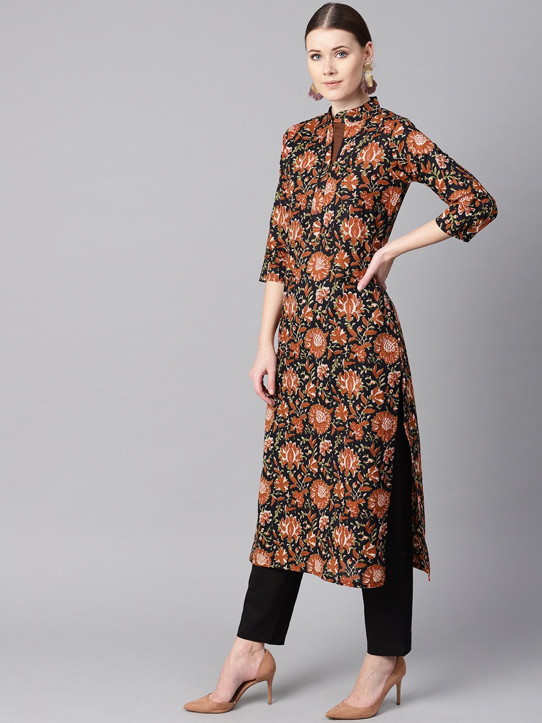 Floral Printed 3/4th sleeve a-line kurta with solid black pants | NOZ2TOZ - Made In INDIA.