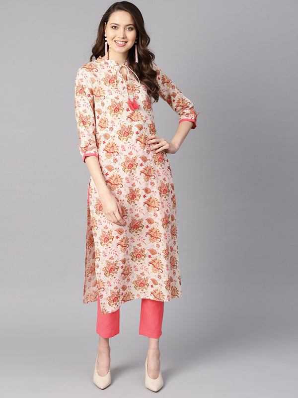 Multi colored floral printed straight kurta with detailed cuff with solid pink pants | NOZ2TOZ - Made In INDIA.