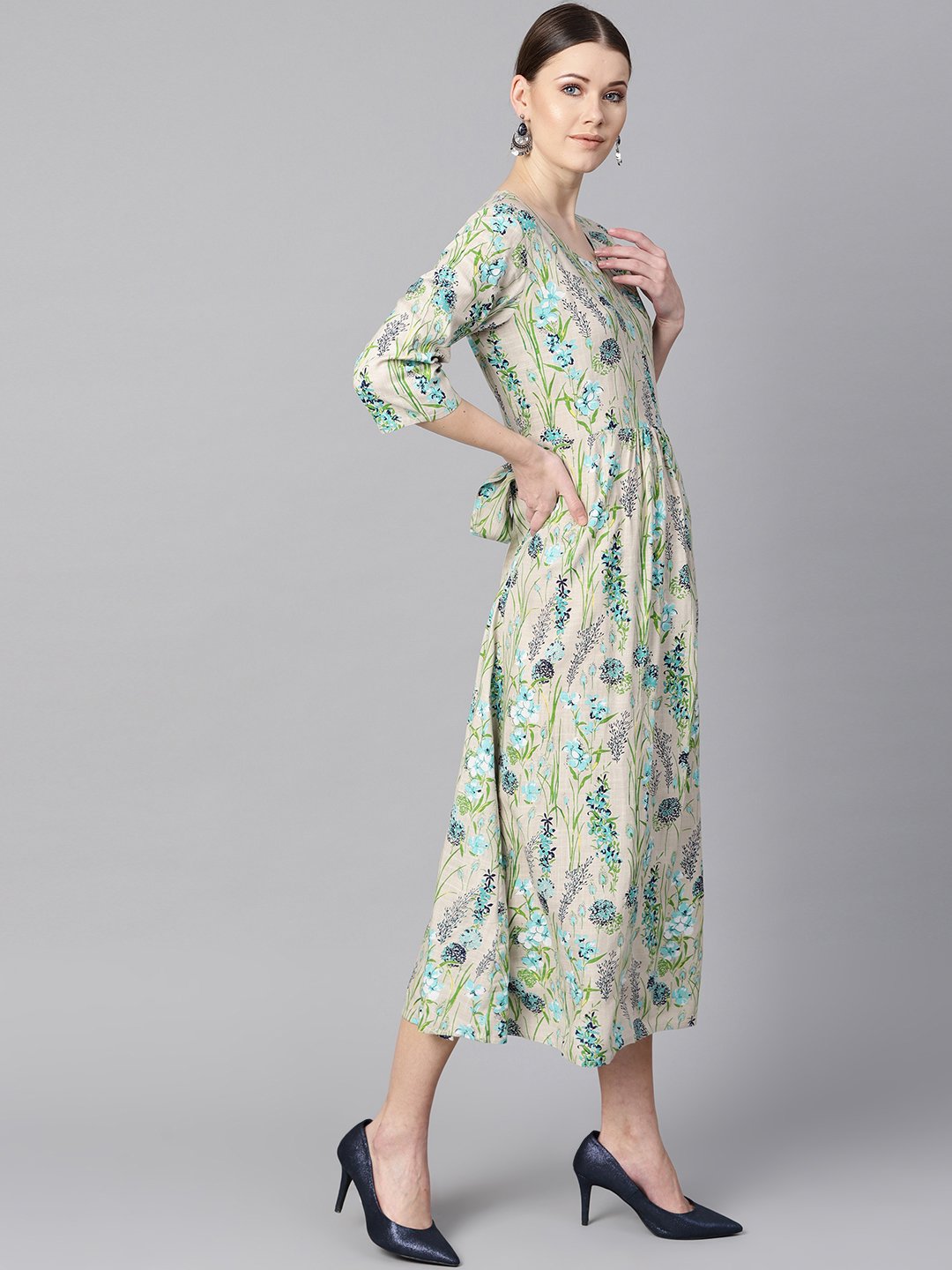 Floral Print Dress with gathers in centre with a belt at the back | NOZ2TOZ - Made In INDIA.