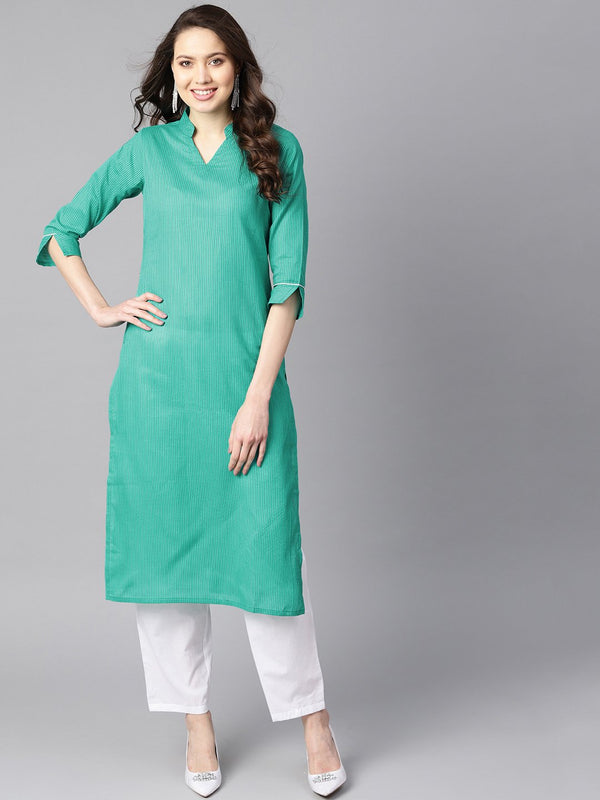 Solid Green tagai-work straight kurta with detailing on the cuff with white straight pants | NOZ2TOZ - Made In INDIA.