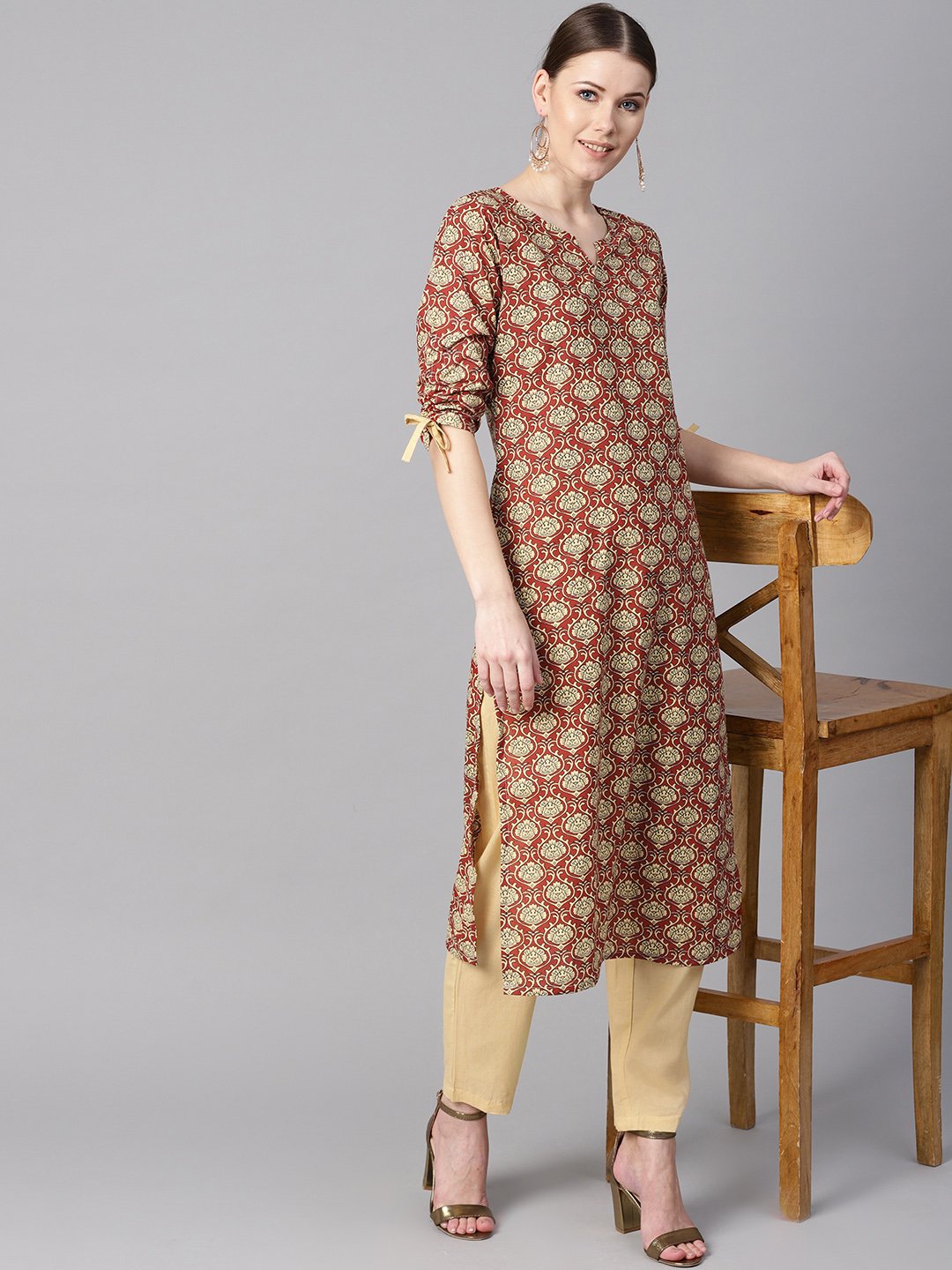 Maroon floral printed kurta with draw string detailed sleeves and pale yellow pants | NOZ2TOZ - Made In INDIA.