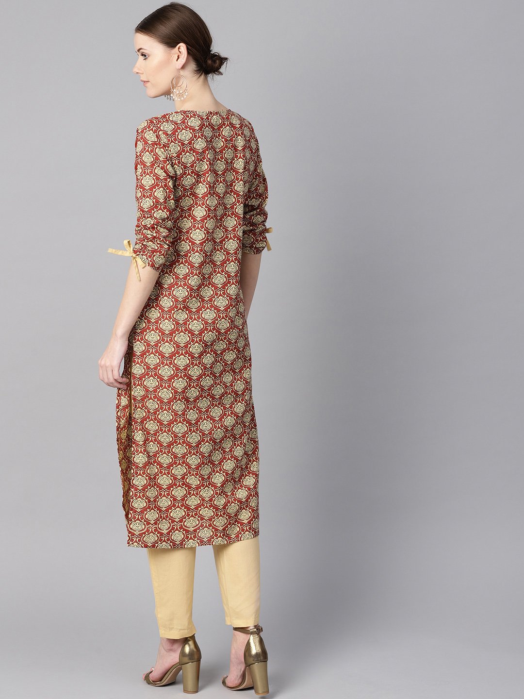 Maroon floral printed kurta with draw string detailed sleeves and pale yellow pants | NOZ2TOZ - Made In INDIA.