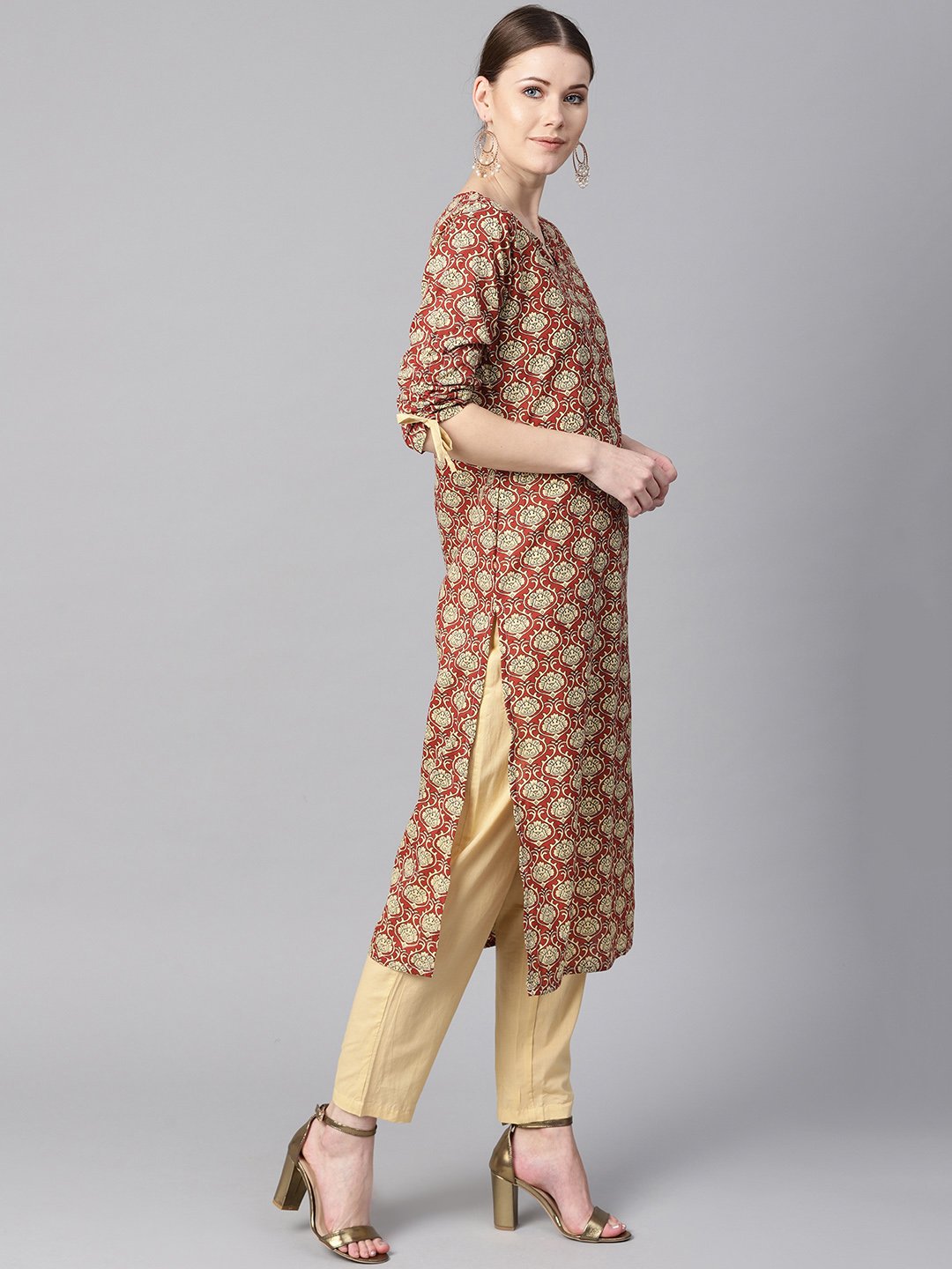 Maroon floral printed kurta with draw string detailed sleeves and pale yellow pants | NOZ2TOZ - Made In INDIA.