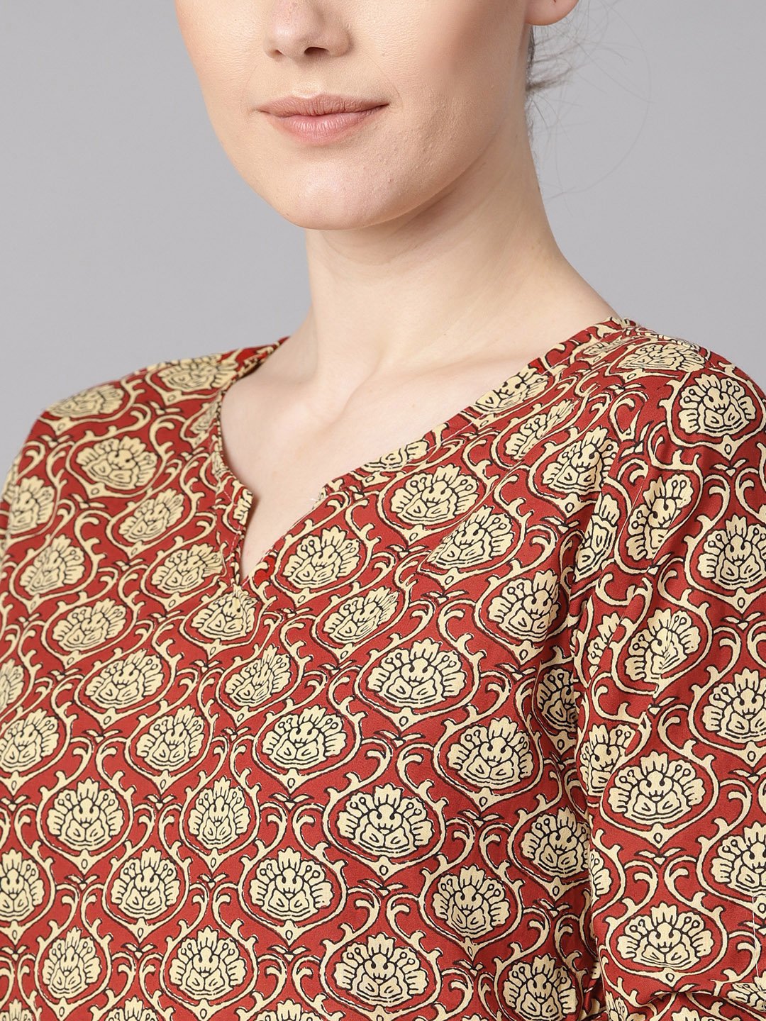 Maroon floral printed kurta with draw string detailed sleeves and pale yellow pants | NOZ2TOZ - Made In INDIA.