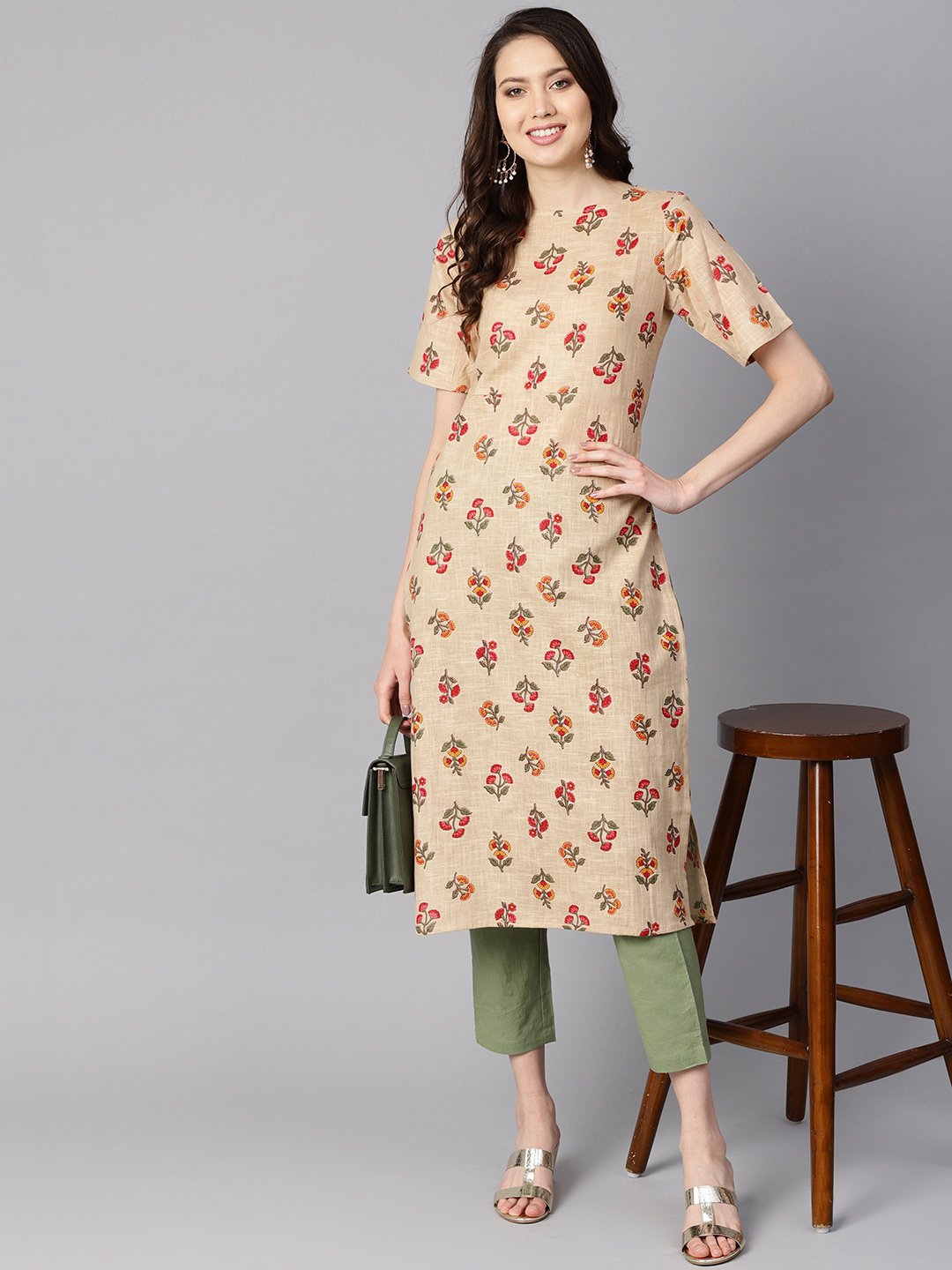 Beige floral printed  Boat neck half sleeve straight kurta with solid pants. | NOZ2TOZ - Made In INDIA.