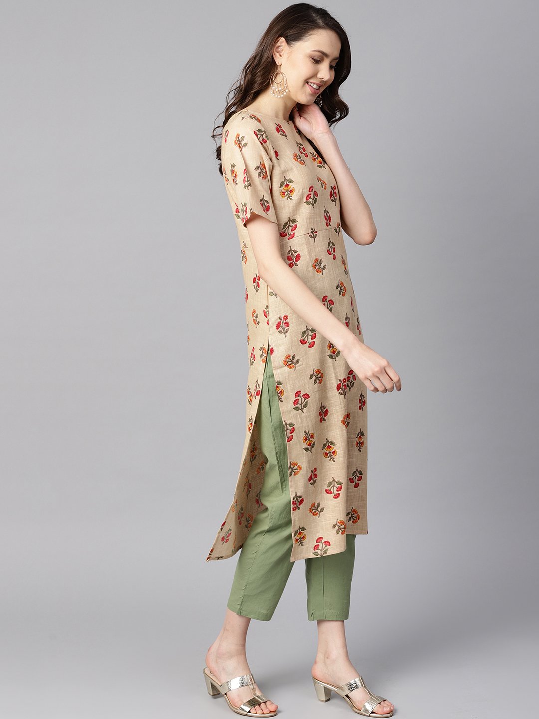 Beige floral printed  Boat neck half sleeve straight kurta with solid pants. | NOZ2TOZ - Made In INDIA.