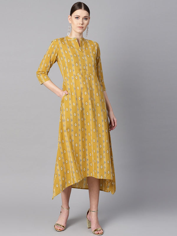 Mustard yellow color ikat printed chinese collar dress with placket opening. | NOZ2TOZ - Made In INDIA.