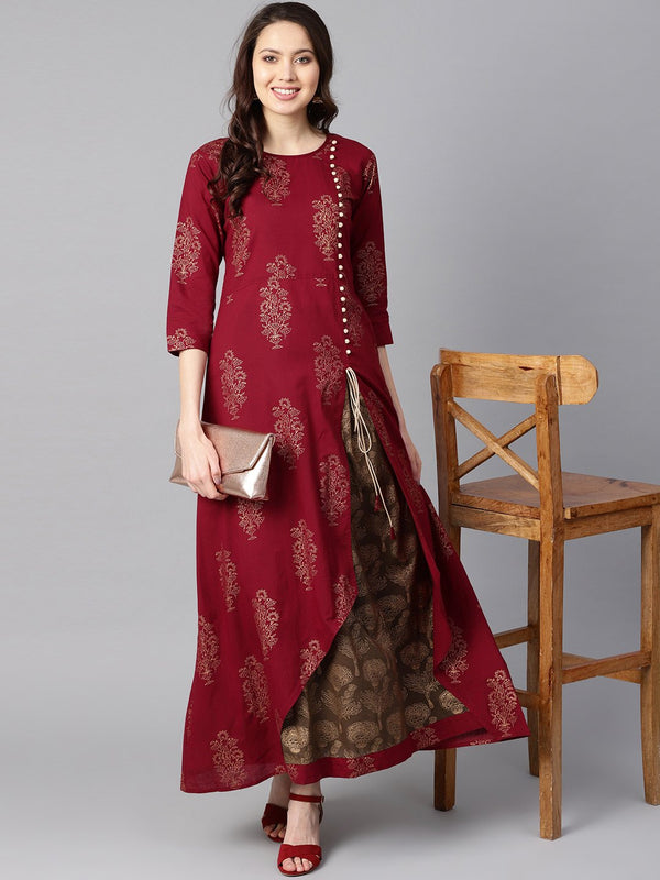 Maroon high-low Gold printed kurta with brown printed skirt | NOZ2TOZ - Made In INDIA.