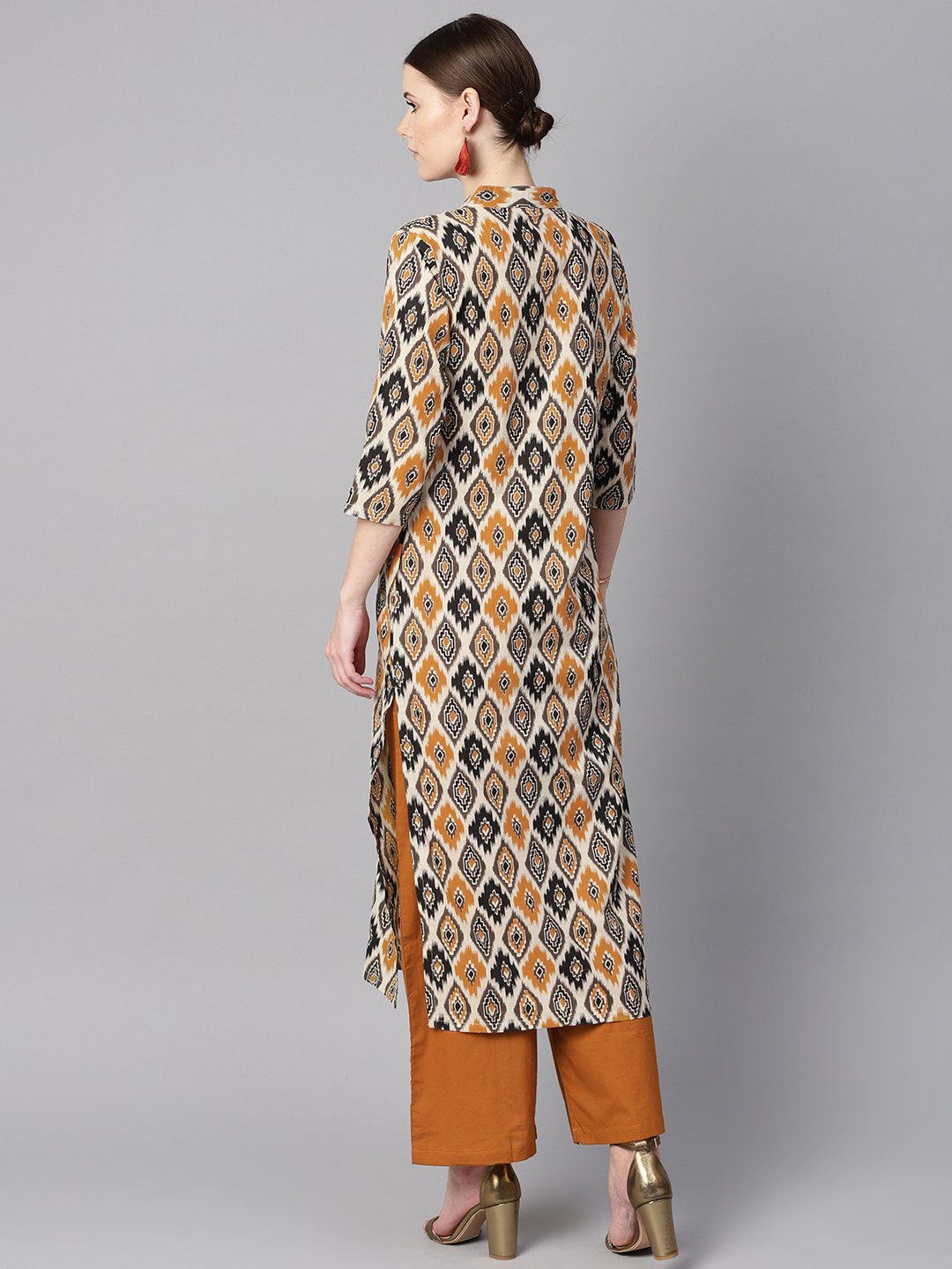 Brown Printed half sleeve with pocket details Kurta Set with Solid brown pants | NOZ2TOZ - Made In INDIA.