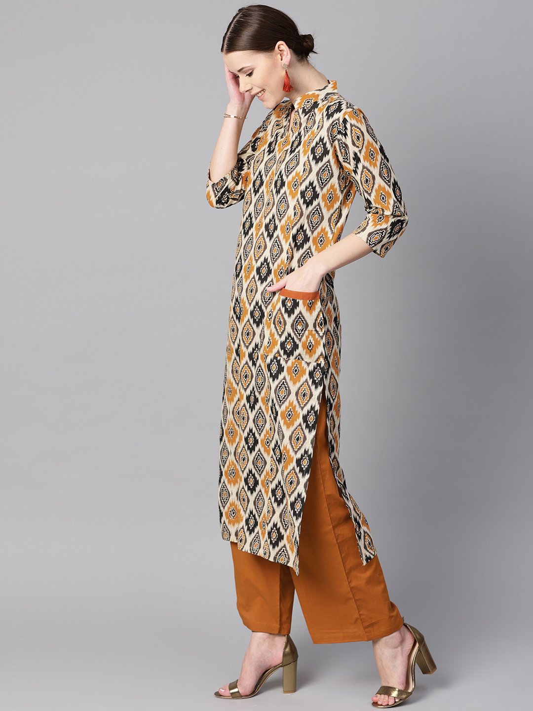 Brown Printed half sleeve with pocket details Kurta Set with Solid brown pants | NOZ2TOZ - Made In INDIA.