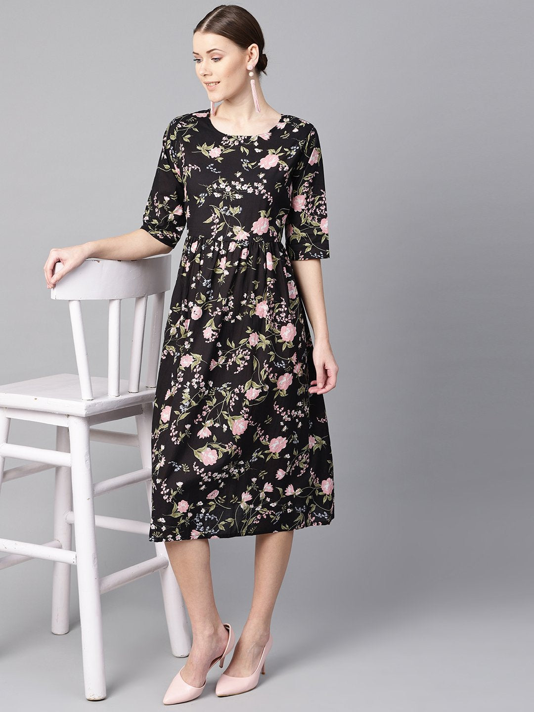 Black floral dress with round neck & half sleeves | NOZ2TOZ - Made In INDIA.