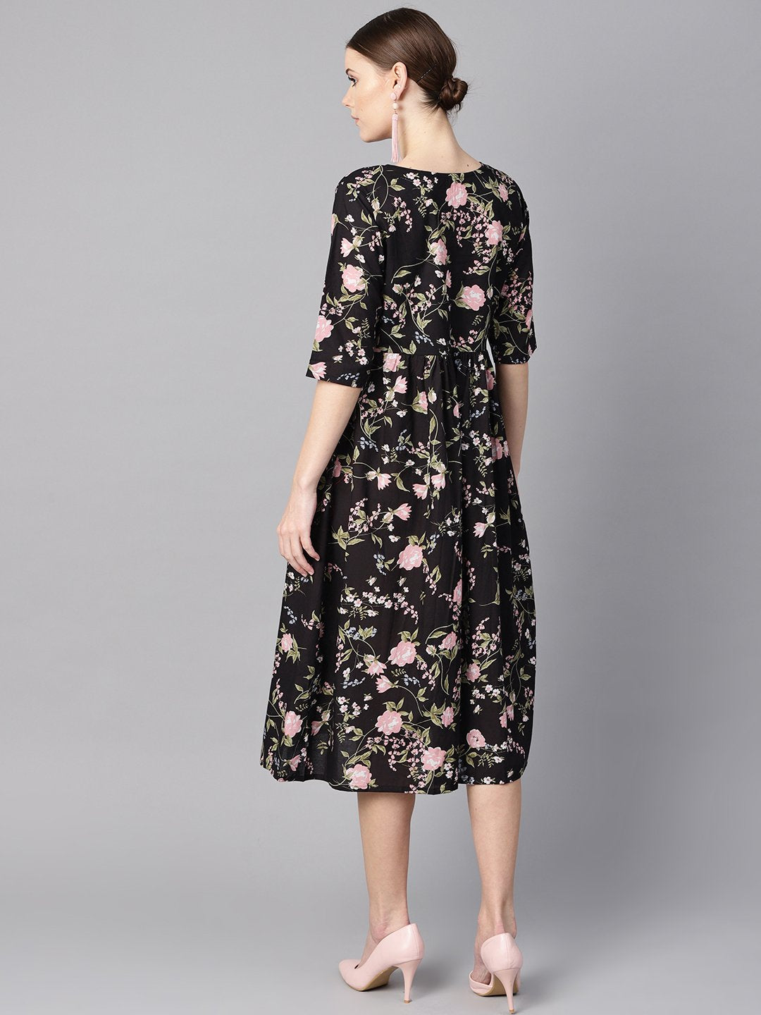 Black floral dress with round neck & half sleeves | NOZ2TOZ - Made In INDIA.