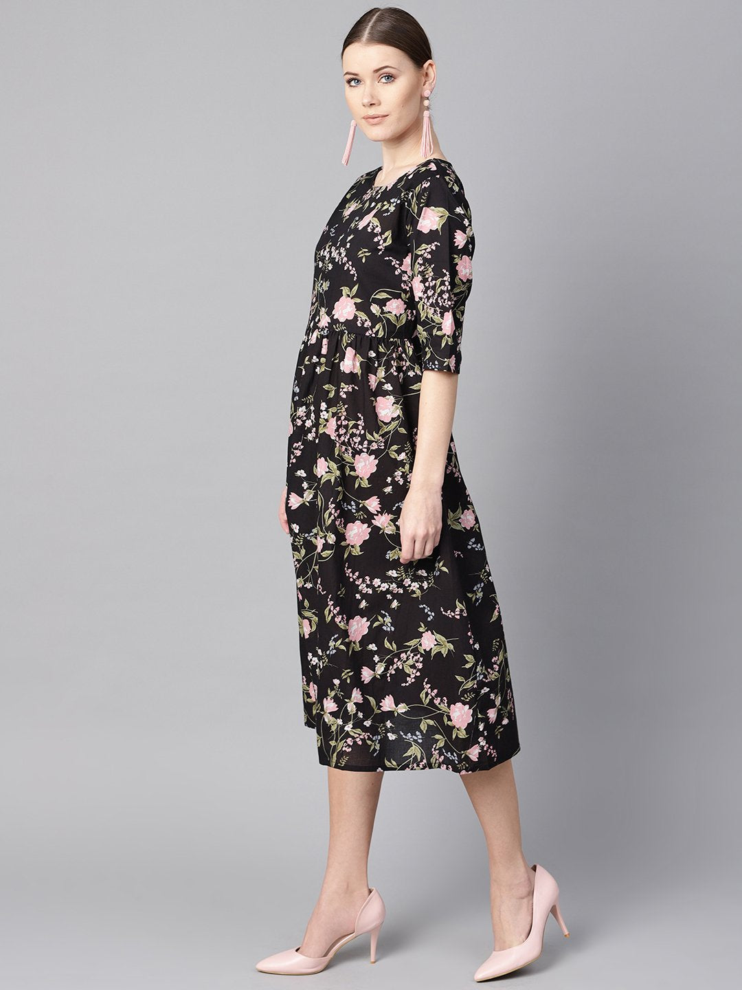 Black floral dress with round neck & half sleeves | NOZ2TOZ - Made In INDIA.