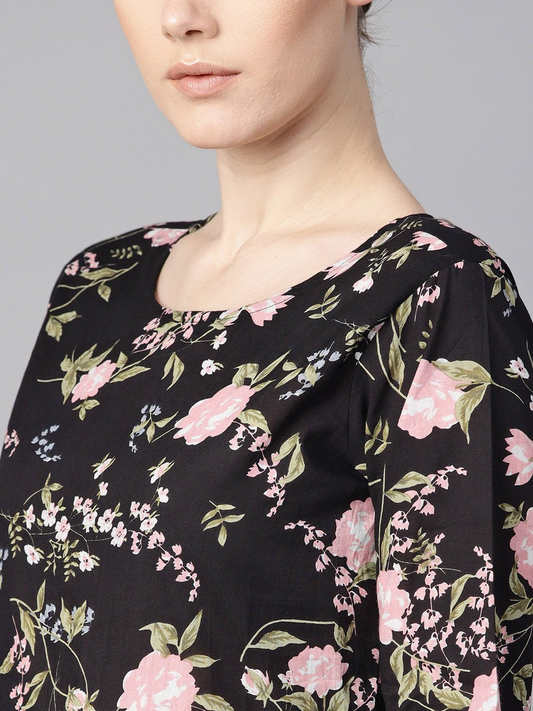 Black floral dress with round neck & half sleeves | NOZ2TOZ - Made In INDIA.