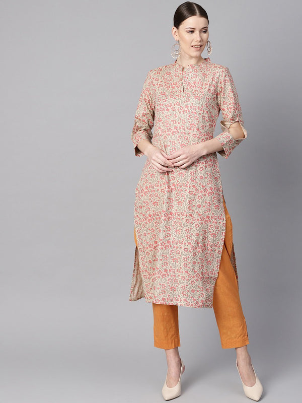 Floral Printed Straight Kurta with 3/4 sleeves and cut-out detailing | NOZ2TOZ - Made In INDIA.