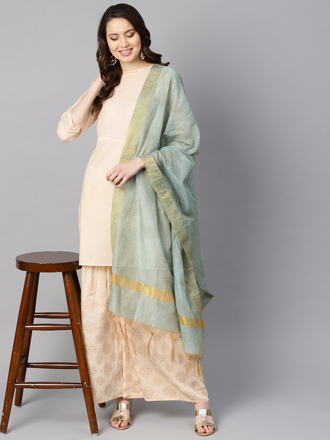 Cream 3/4th sleeve Kurta Set with Gold Printed sharara & Powder blue Checked dupatta | NOZ2TOZ - Made In INDIA.