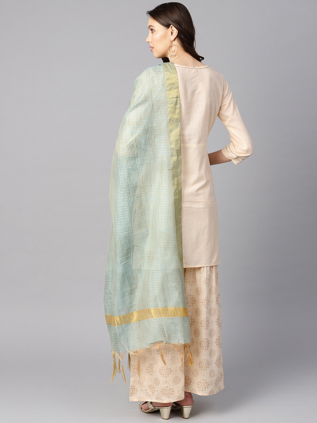 Cream 3/4th sleeve Kurta Set with Gold Printed sharara & Powder blue Checked dupatta | NOZ2TOZ - Made In INDIA.