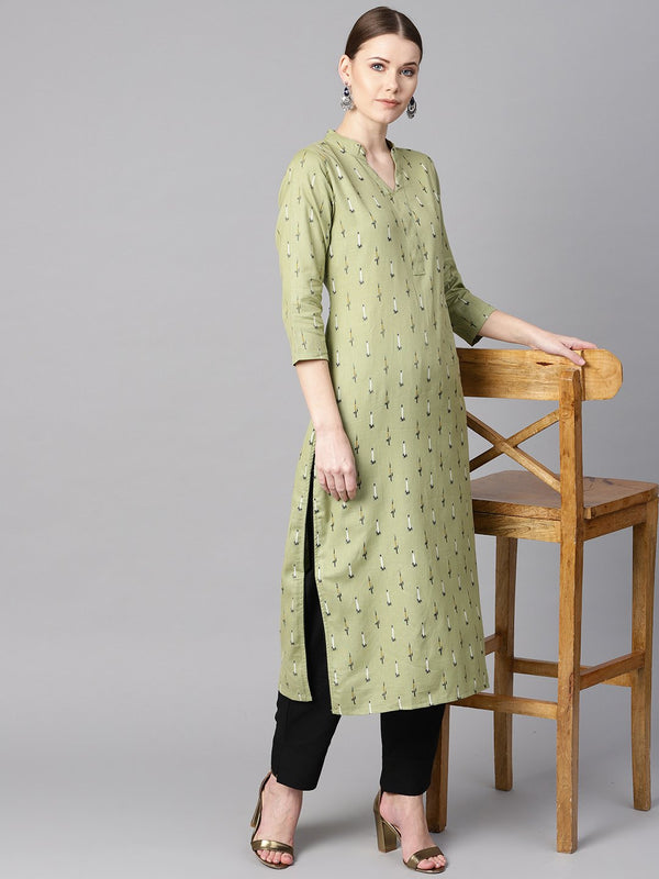 Green Ikat printed 3/4th sleeve kurta with Solid Black Pants | NOZ2TOZ - Made In INDIA.