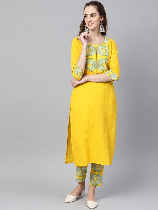 Solid Yellow Kurta set With Front Printed Yoke & Printed Pants | NOZ2TOZ - Made In INDIA.