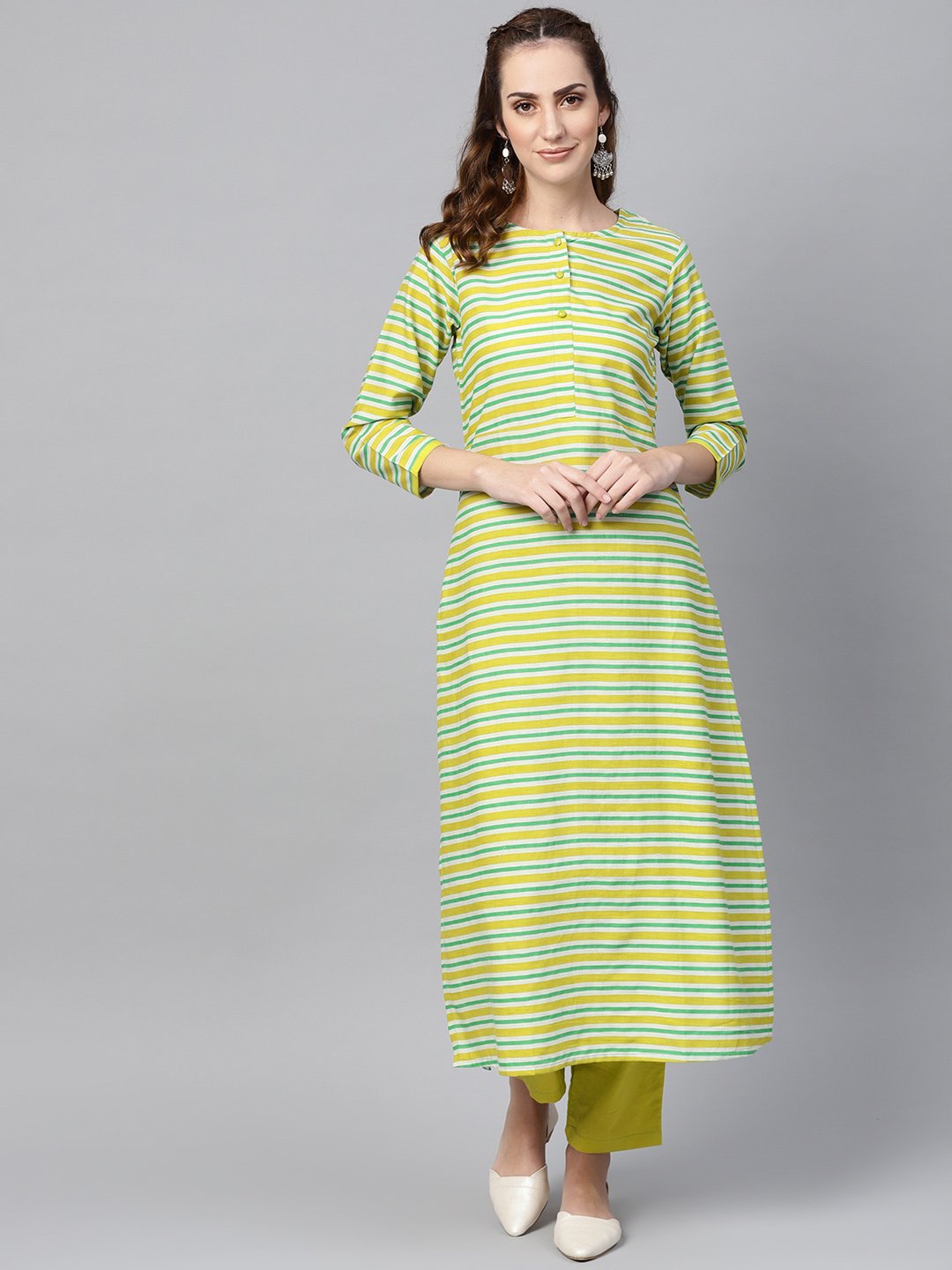 Green Stripped 3/4th sleeve Kurta Set With Solid Pants | NOZ2TOZ - Made In INDIA.