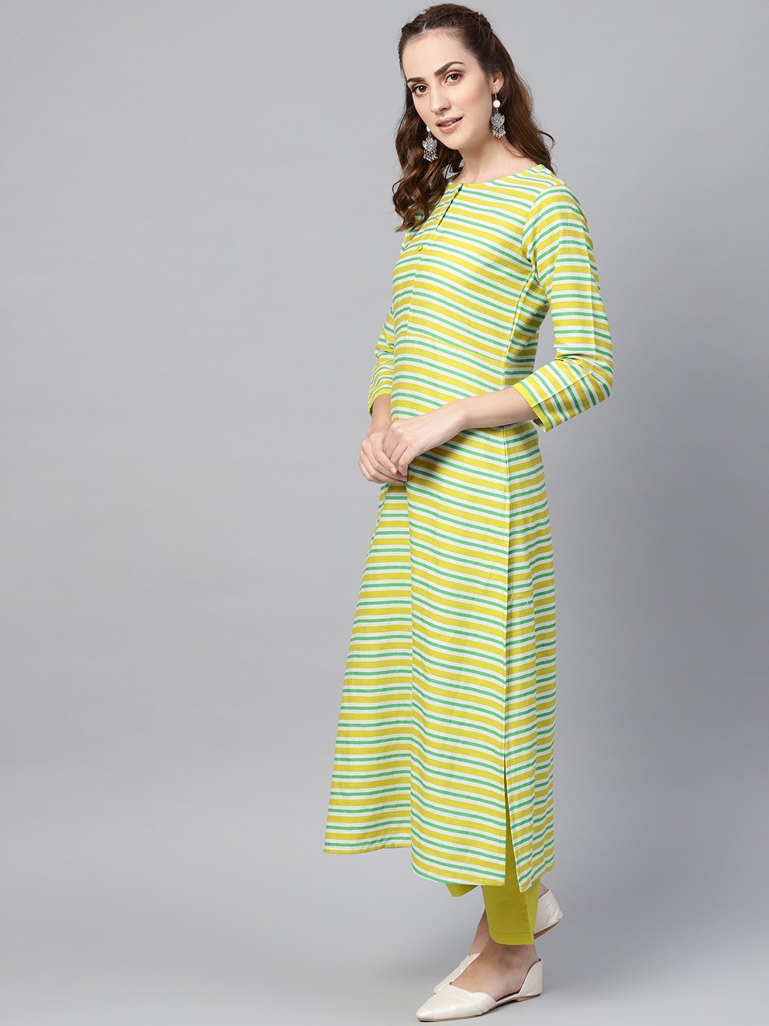 Green Stripped 3/4th sleeve Kurta Set With Solid Pants | NOZ2TOZ - Made In INDIA.