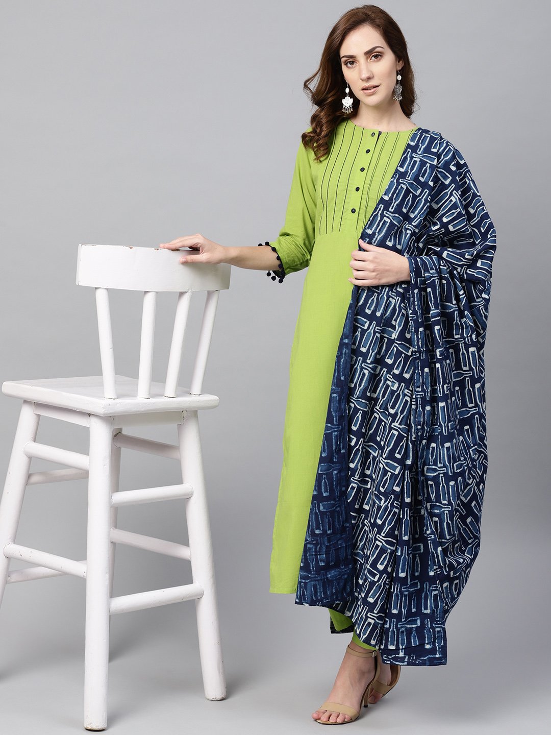 Lime Green Kurta Set with Pants & Mul Printed Dupatta | NOZ2TOZ - Made In INDIA.