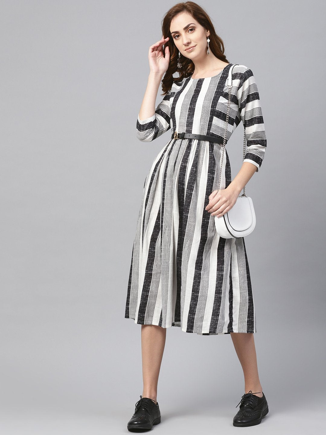 Black & Wihte Stripped Dress With Round Neck & 3/4 Sleeves | NOZ2TOZ - Made In INDIA.