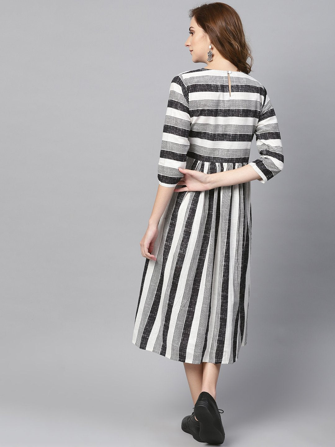 Black & Wihte Stripped Dress With Round Neck & 3/4 Sleeves | NOZ2TOZ - Made In INDIA.