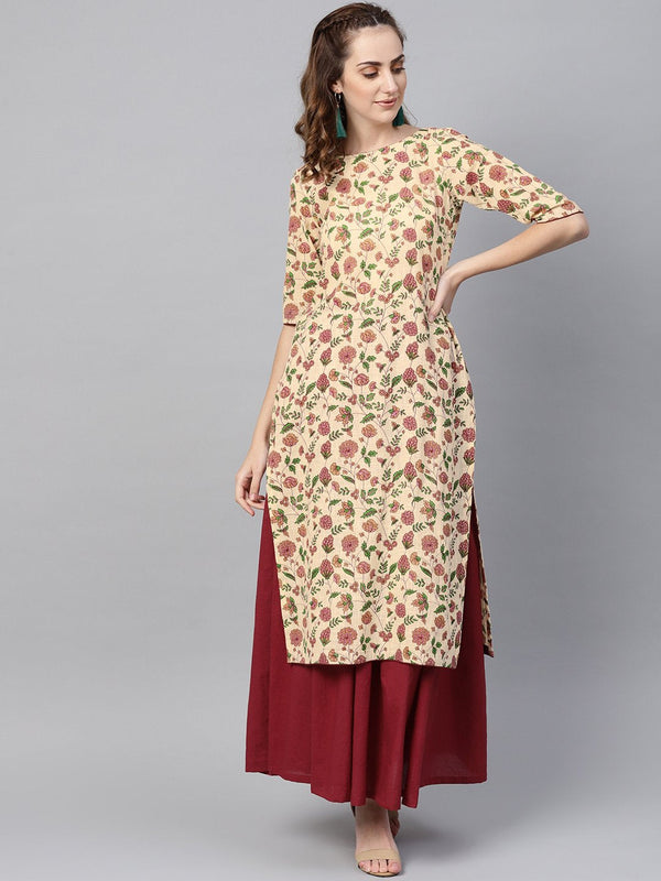 Cream Multi Colored Kurta Set with Solid Dark Maroon Skirt | NOZ2TOZ - Made In INDIA.