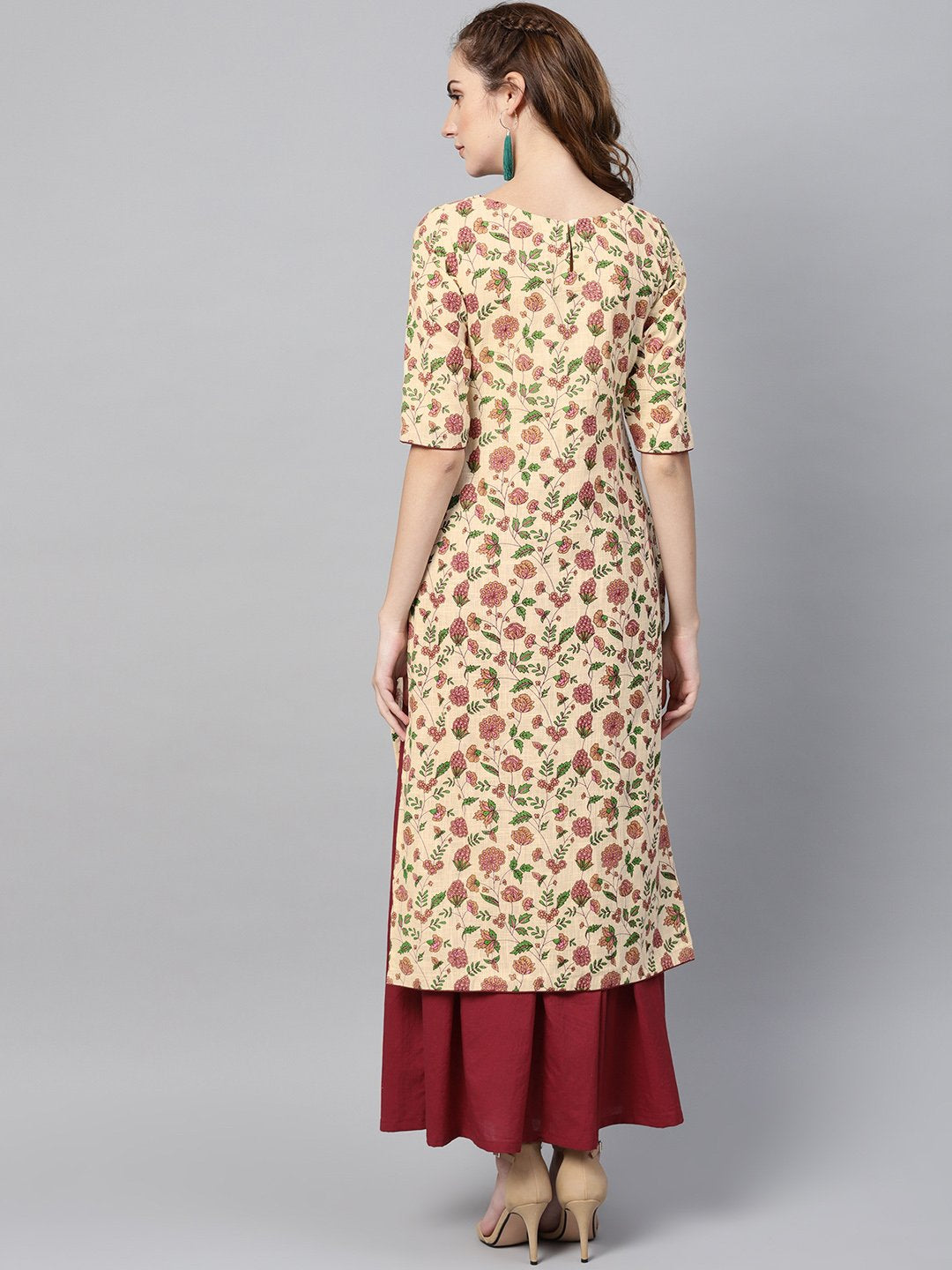 Cream Multi Colored Kurta Set with Solid Dark Maroon Skirt | NOZ2TOZ - Made In INDIA.