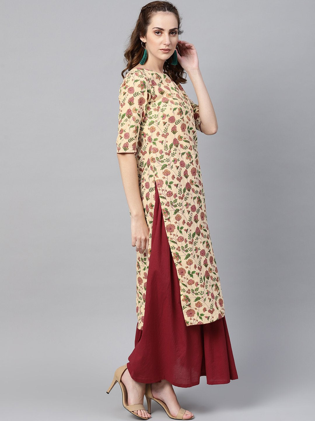 Cream Multi Colored Kurta Set with Solid Dark Maroon Skirt | NOZ2TOZ - Made In INDIA.